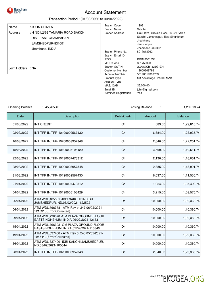 Modèle de relevé bancaire Inde Bandhan, format Word et PDF, 2 pages